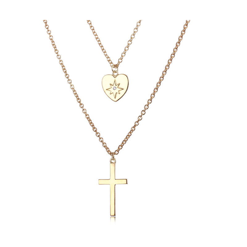 Sterling Silver Gold Plated Cz Heart, Cross Layered Necklace