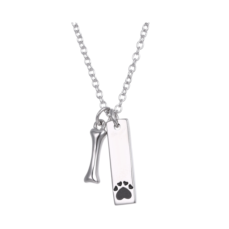Sterling Silver Pet Sentiment Pendant + Chain - pets leave pawprints on our hearts (on reverse of rectangle)