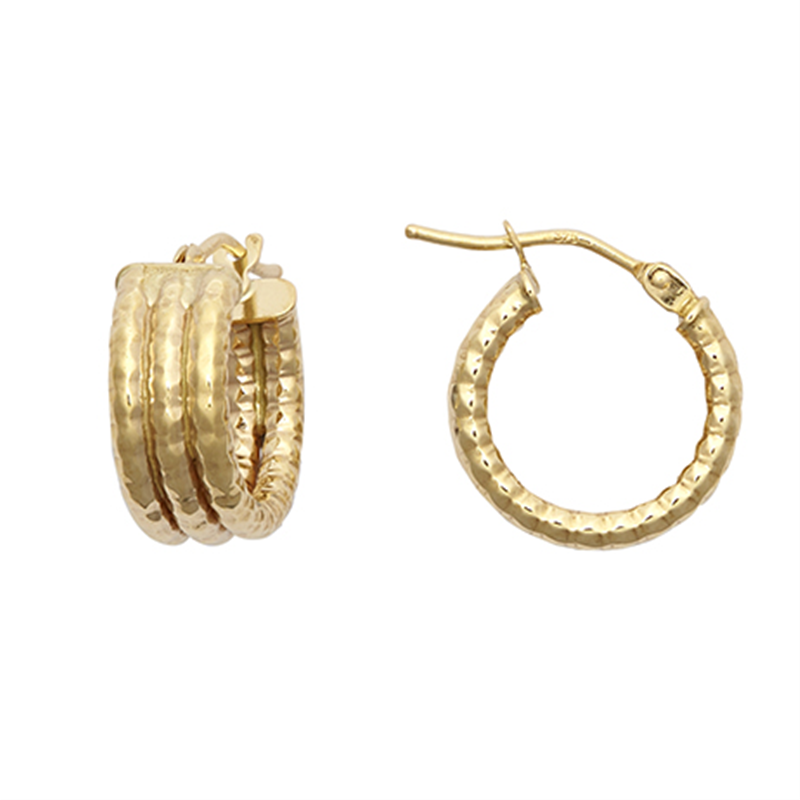 9ct Yellow Gold 10mm Three Row Ribbed Hoop Earrings