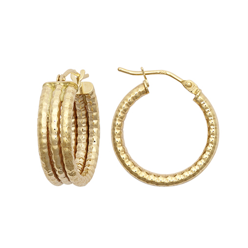 9ct Yellow Gold 15mm Three Row Ribbed Hoop Earrings