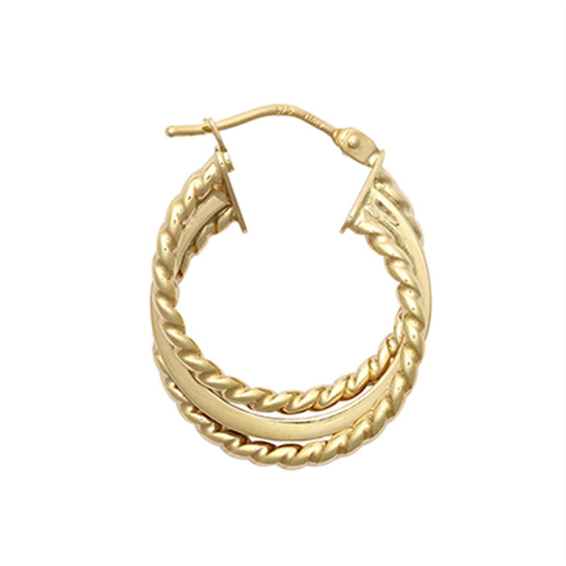 9ct YG 15mm Three Layer Ribbed Twist Hoop Earrings