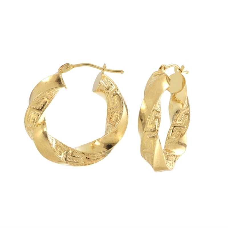 9ct YG 15mm Greek Key Twist Hoop Earrings