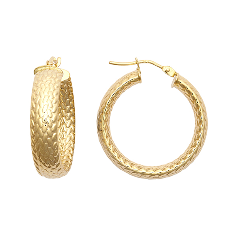 9ct YG 20mm Barked Hoop Earrings
