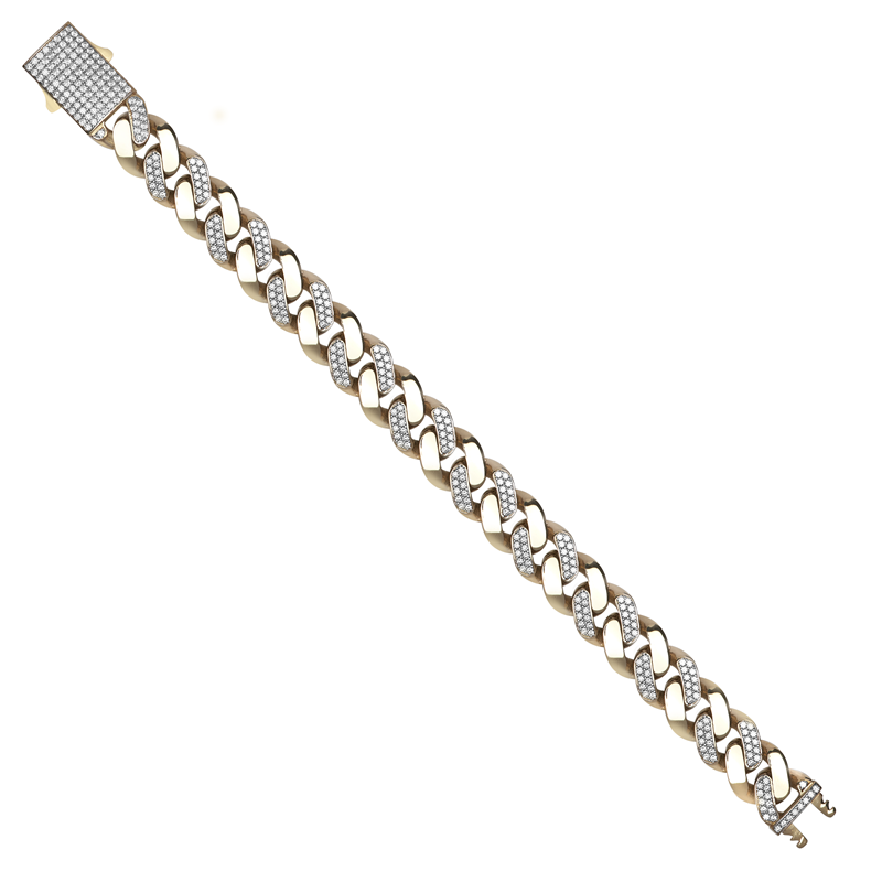 9ct YG Plain and Cz Curb Gents Bracelet