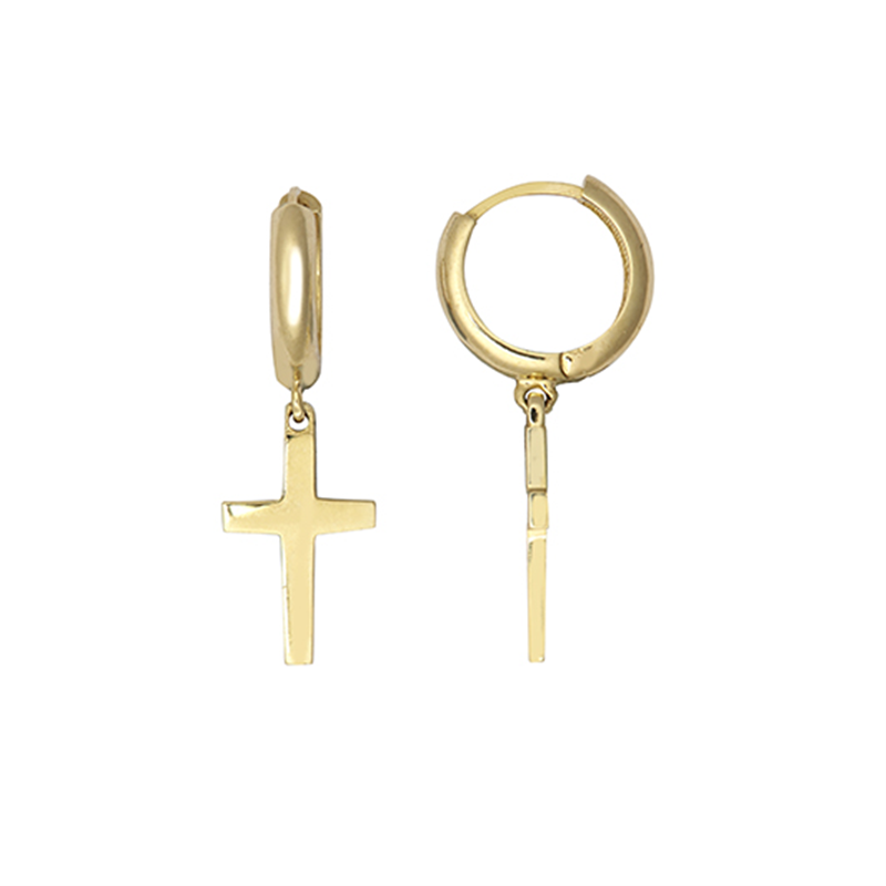 9ct YG Plain Polished Huggie with Cross Earrings