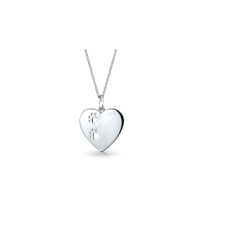 Sterling Silver Rhodium Paw Print Heart Pendant+Chain