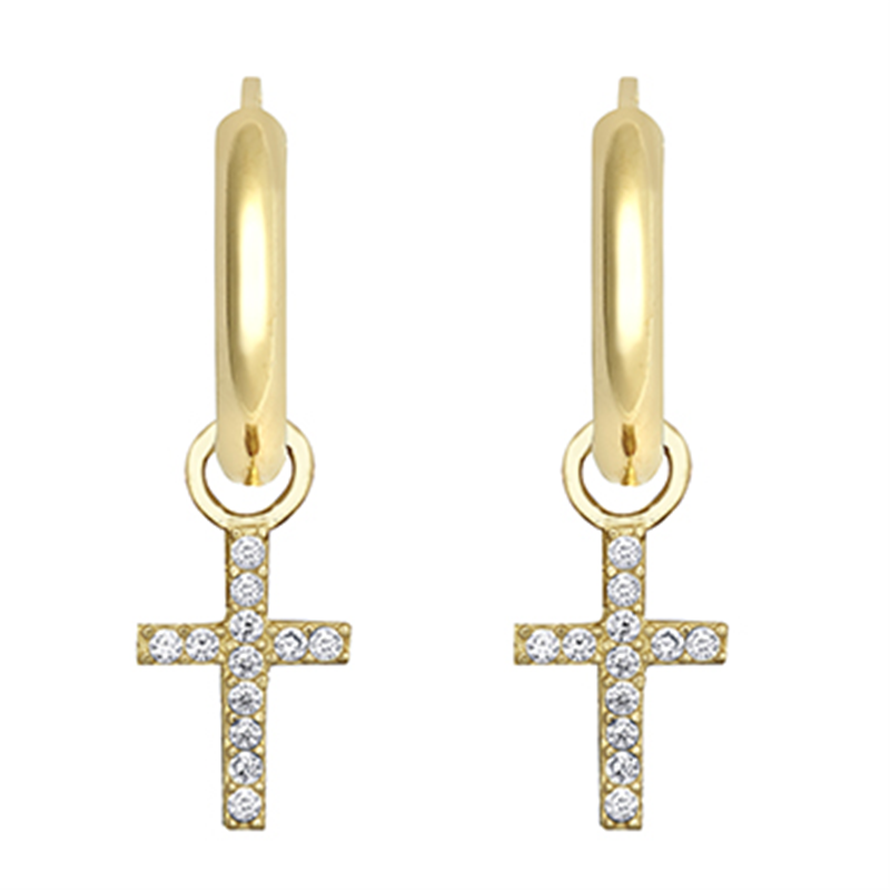 9ct YG Cz Cross Hoop  Earrings