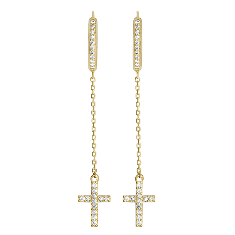 9ct YG Cz Hoop & Cross Drop Earrings