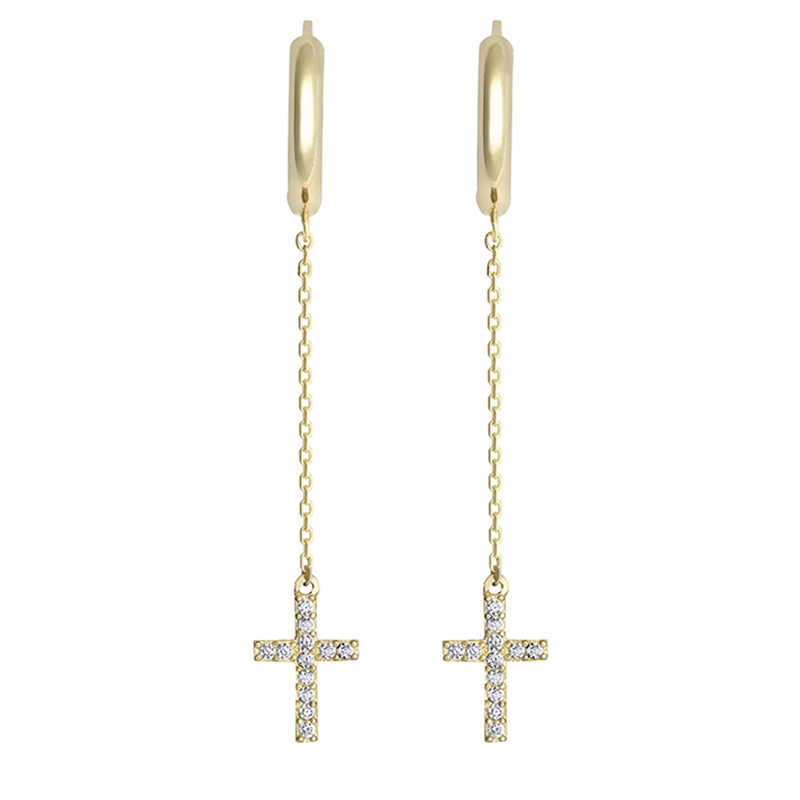 9ct YG Hoop & Cz Cross Drop Earrings