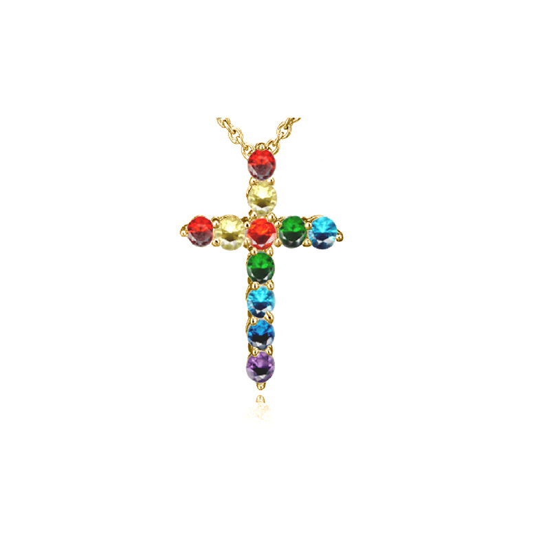 Yellow Gold Plated Sterling Silver Multi Cz Cross Pendant with Chain