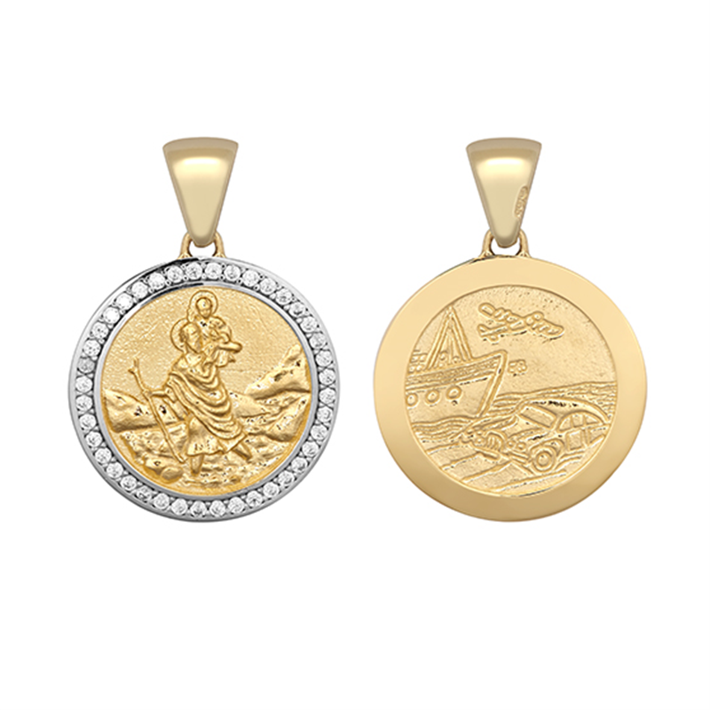 9ct YG 18mm Cz Double Sided St. Christopher Medallion Pendant