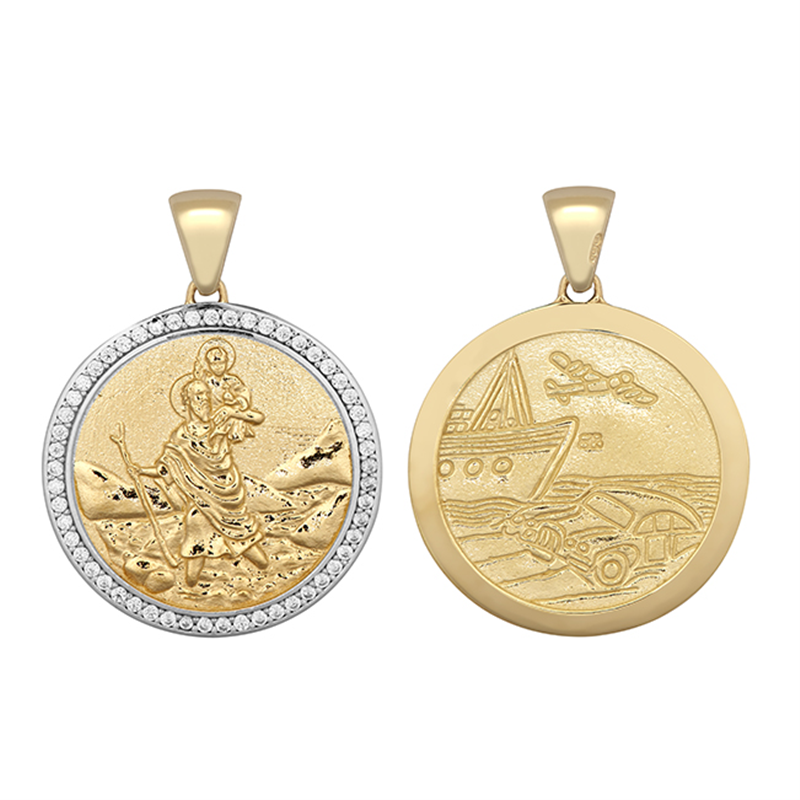 9ct YG 23mm Cz Double Sided St. Christopher Medallion Pendant