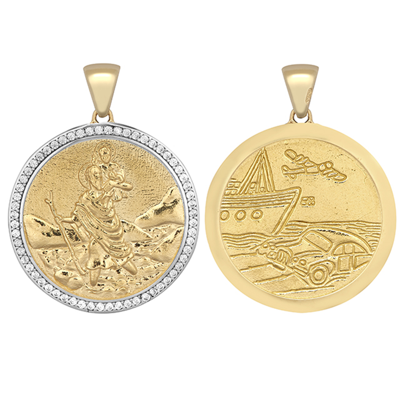 9ct YG 26mm Cz Double Sided St. Christopher Medallion Pendant