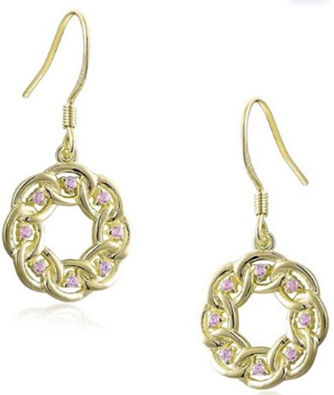 Yellow Gold Plated Sterling Silver Pink CZ Earrings