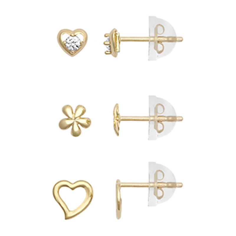 9ct YG Cz Heart, Open Heart & Flower Earring Set