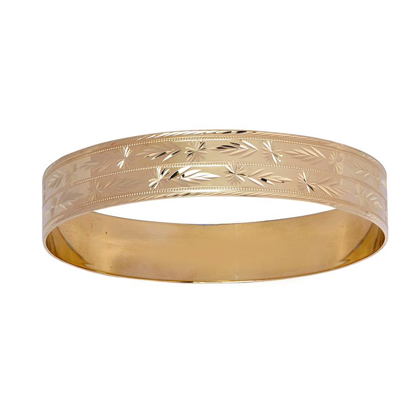 9ct YG 13mm D-Shape Diamond Cut Bangle