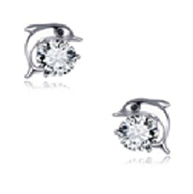Sterling Silver Rhodium Plated CZ Dolphin Stud Earrings
