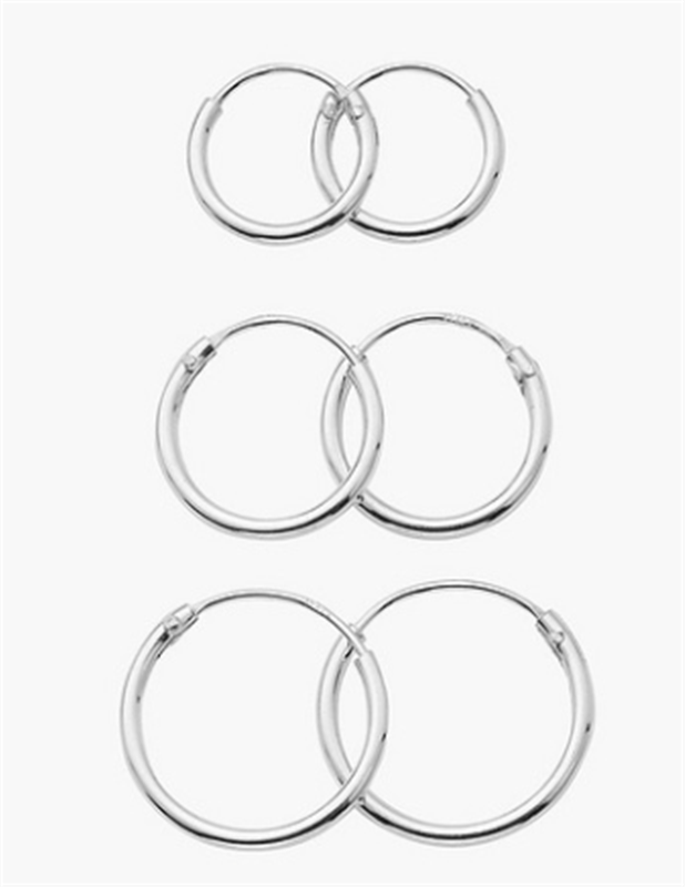 Sterling Silver Set of 3 Plain Hoop Earrings - 10mm, 12mm, 14mm