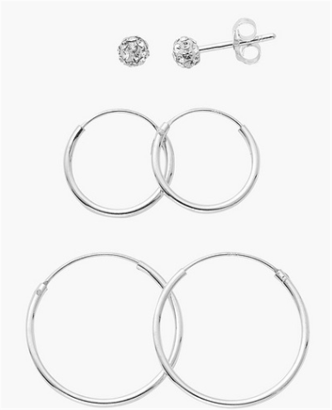 Sterling Silver 14mm, 20mm Plain Hoop Earrings and 4mm Ball Stud Earrings Set