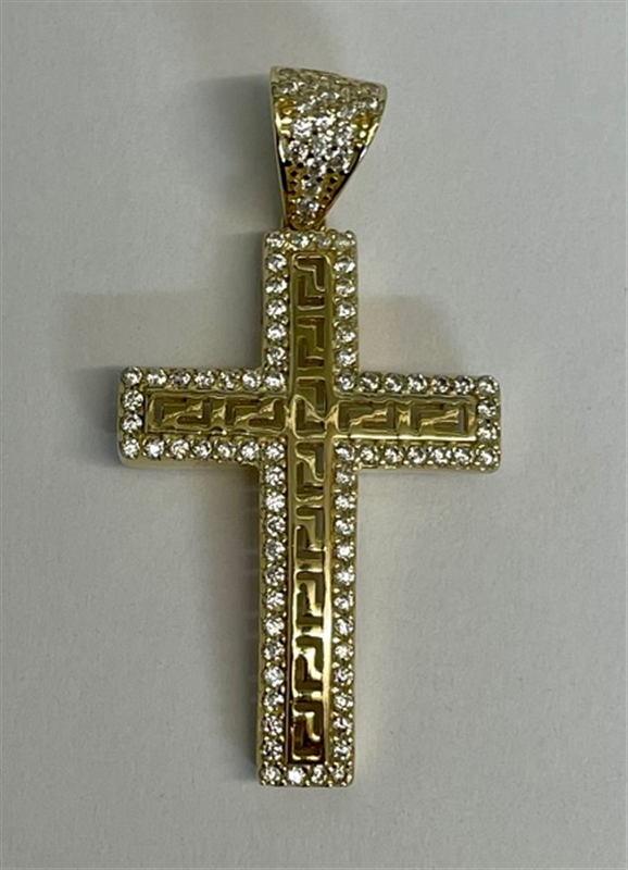 9ct YG Greek Key Cz Cross Pendant