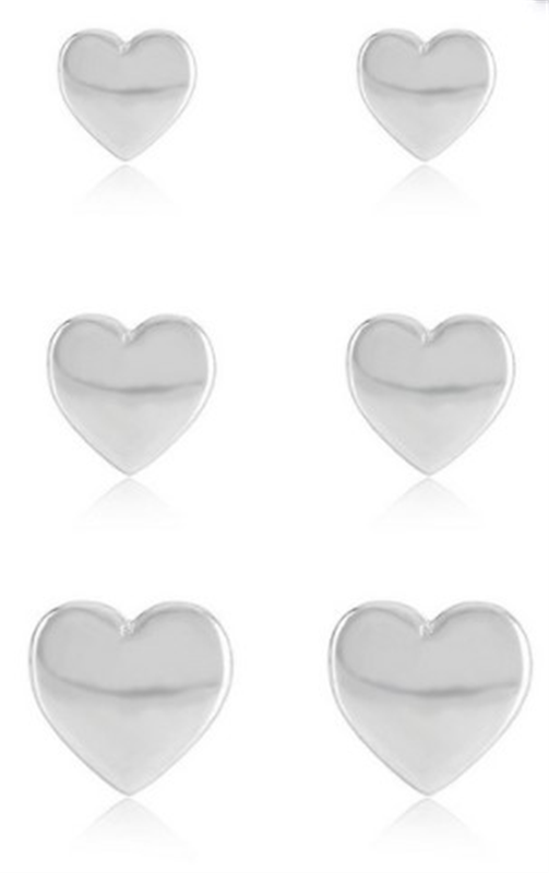 Sterling Silver 3 Pair Heart Stud Earring Set
