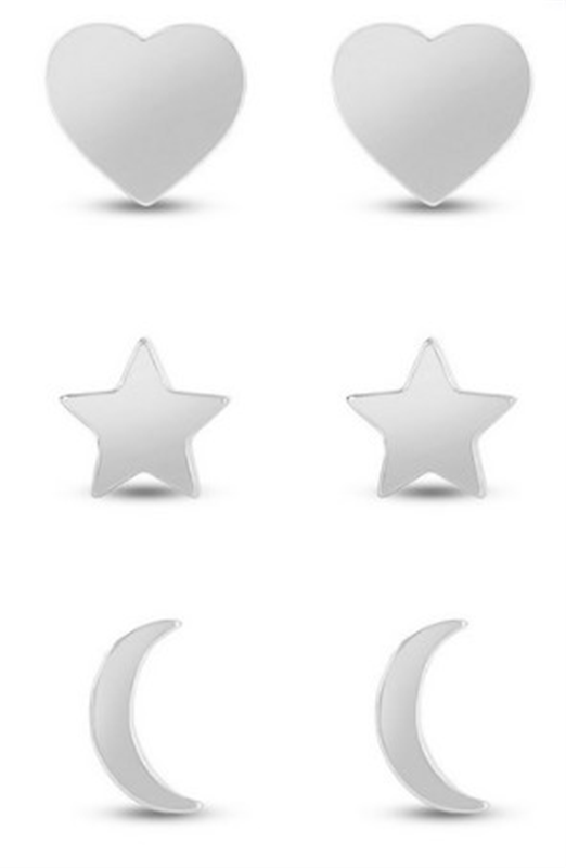 Sterling Silver 3 Pair Moon, Star, Heart Stud Set
