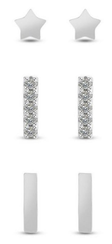 Sterling Silver 3 Pair Star & Bars Stud Earring Set