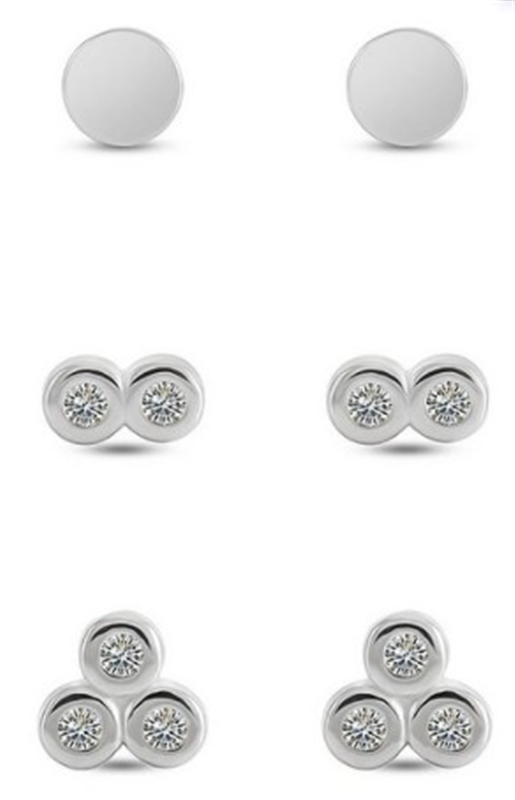 Sterling Silver 3 Pair CZ Stud Earring Set