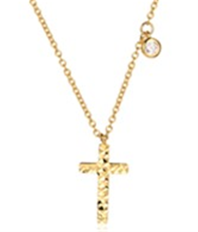 Sterling Silver Yellow Gold Plated Patterned CZ Cross Necklace / 18