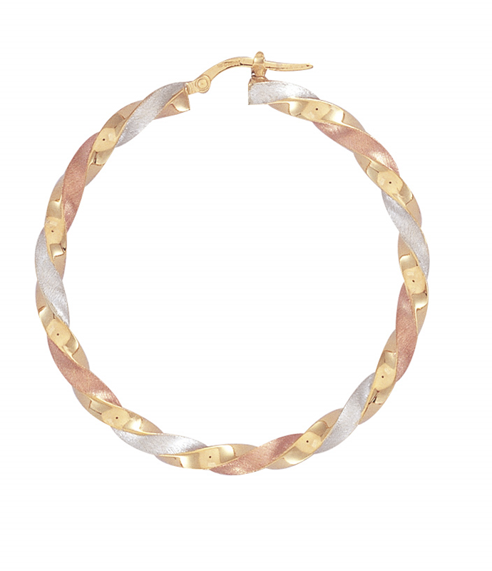 9ct Three Colour Gold Satin Twist Hoop Earrings