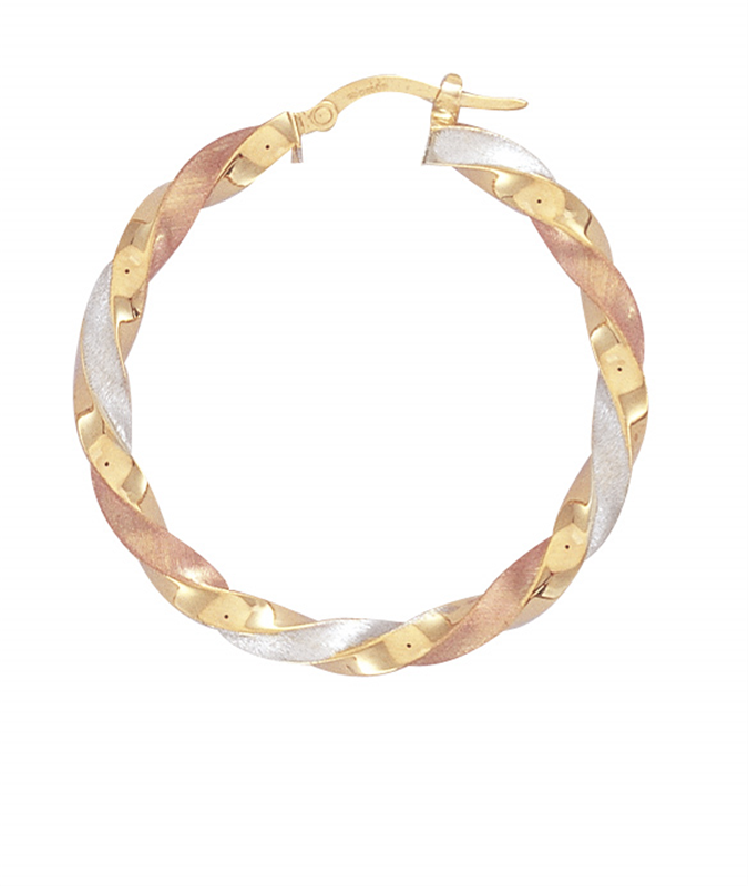 9ct Three Colour Gold Satin Twist Hoop Earrings