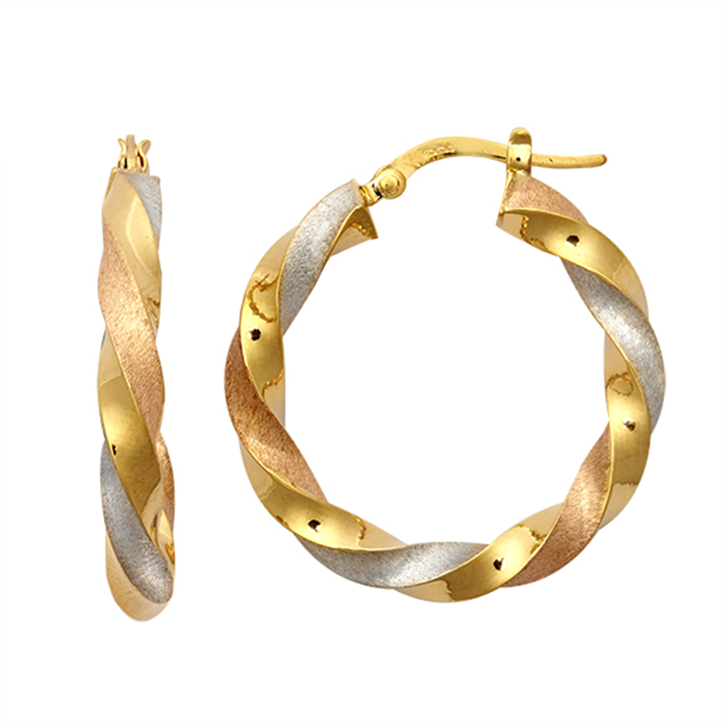 9ct Three Colour Gold Satin Twist Hoop Earrings