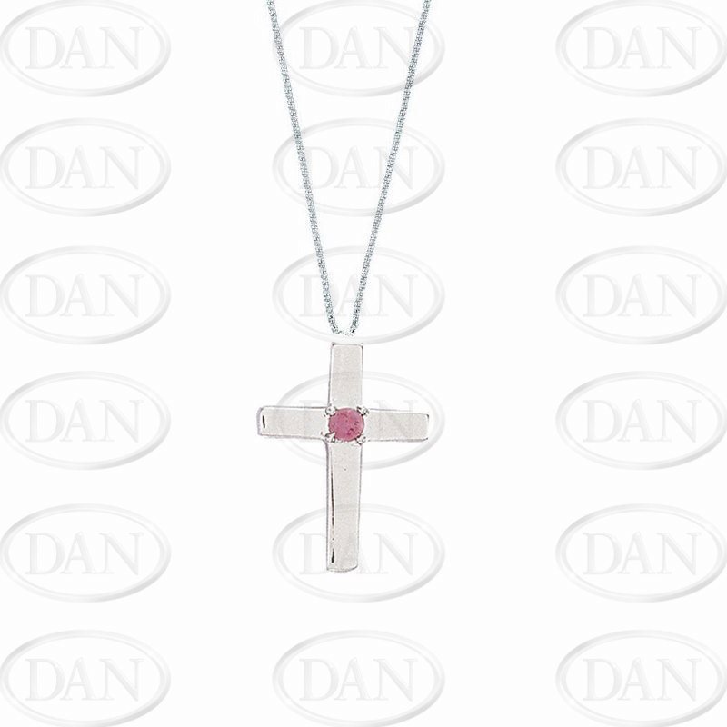 9ct White Gold Pink Sapphire Cross Pendant & Chain