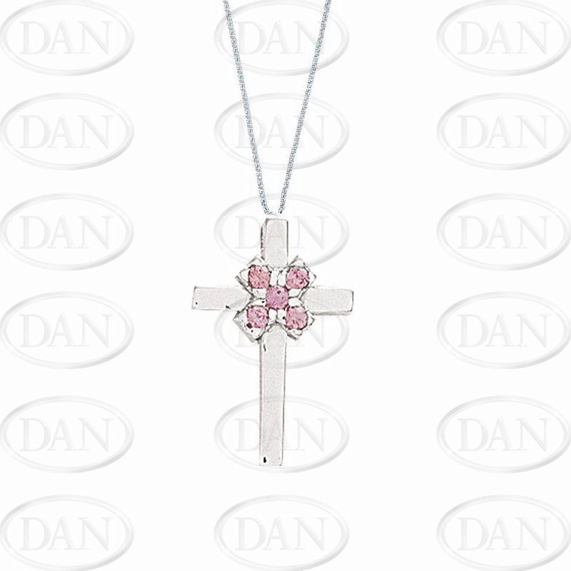 9ct White Gold Pink Sapphire Cross Pendant & Chain