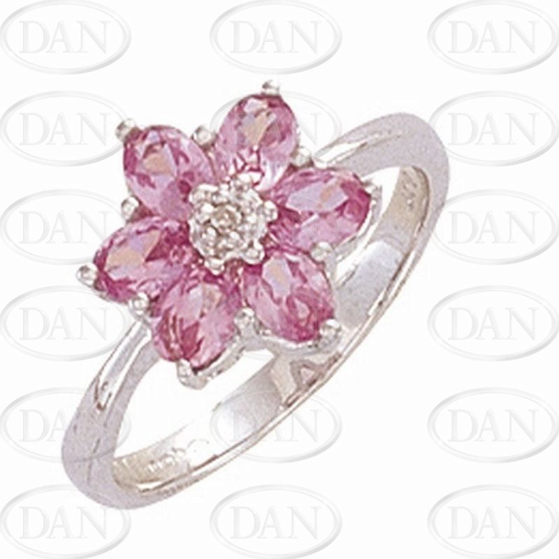 9ct White Gold Diamond & Created Pink Sapphire Flower Ring - N