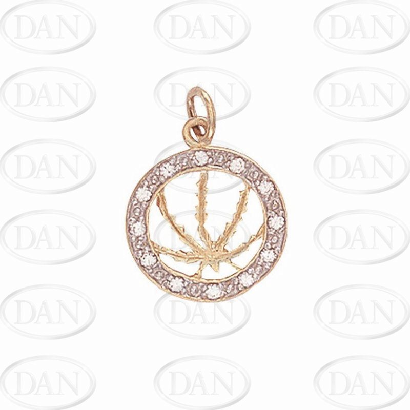 9ct Yellow Gold CZ Hash Leaf Circle Pendant
