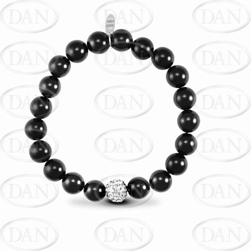 Sterling Silver Crystal Ball Stretchy Black Ball Bracelet