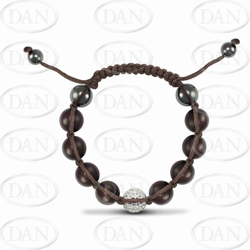 12mm Unisex White Crystal & Brown Wood Ball & Brown String Bracelet