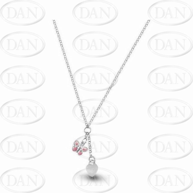 Sterling Silver Heart & Pink Enamelled Butterfly Drop Necklace Baby Chain