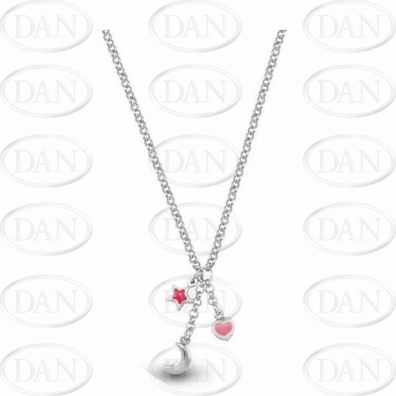 Sterling Silver Moon & Enamelled Heart & Star Drop Necklace Baby Chain