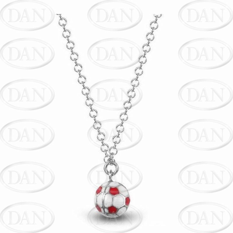 Sterling Silver Red & White Enamelled Football Pendant & Chain