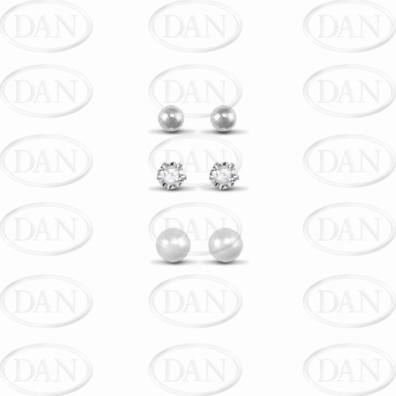 Sterling Silver Studs Set (Plain Ball, CZ & Synthetic Pearl)